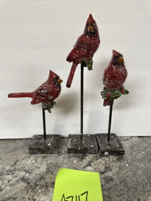 3-Piece Cardinals Red  Bird Holly Spring  Stands Sugared Valerie Parr Hill New