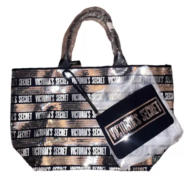 Buy Victoria's Secret Black Friday Tote Large Black and Silver Sequins W A  Small Zippere Bagd at