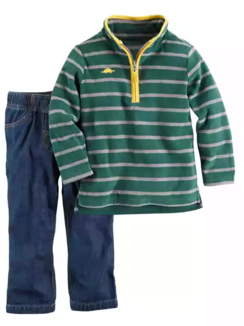 Carters Infant Boys Green Stripe Fleece Dinosaur Jacket & Pants 2 PC Outfit