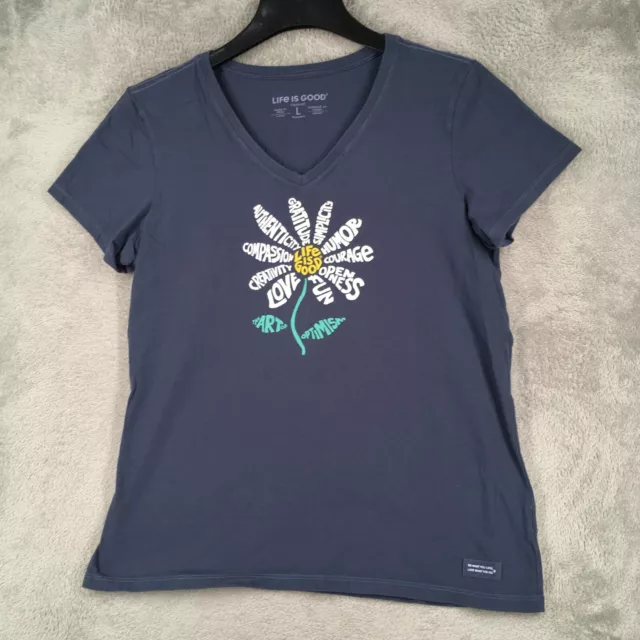 Life Is Good Crusher T Shirt Women Large Blue Short Sleeve V Neck Flower Graphic