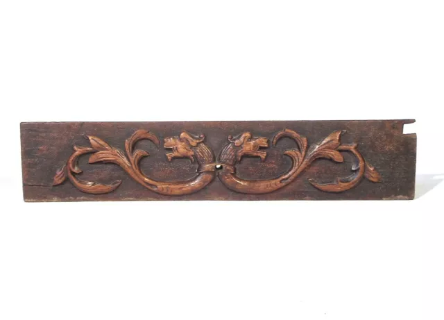 Antique French Hand Carved Wooden Panel, Dragons, Leaves