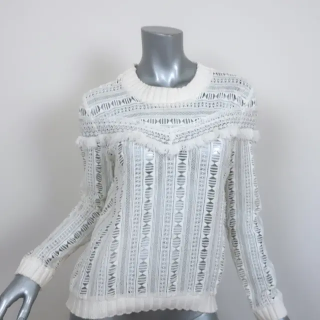 SEA Fringe-Trim Crochet Lace Sweater Cream Cotton Size Small
