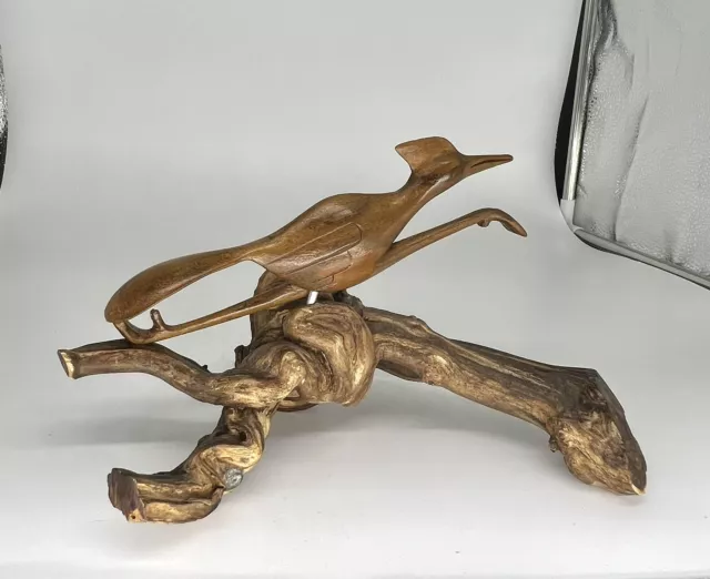 Vintage Hand Carved Roadrunner On Driftwood Artist Signed CV Mid Century Modern
