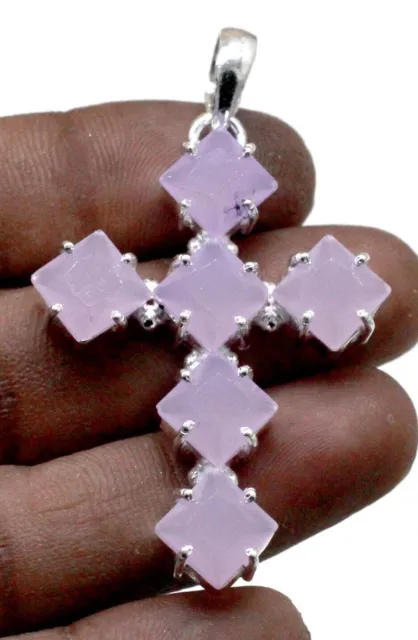 Ciondolo croce in argento sterling 925 con pietre preziose al quarzo rosa,...