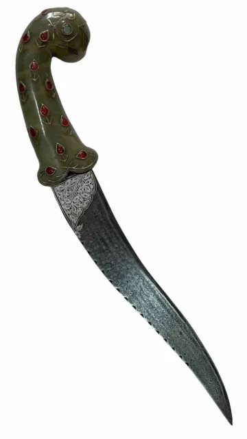 Indo persian mughal islamic jade hilt dagger with damascus blade and sheath