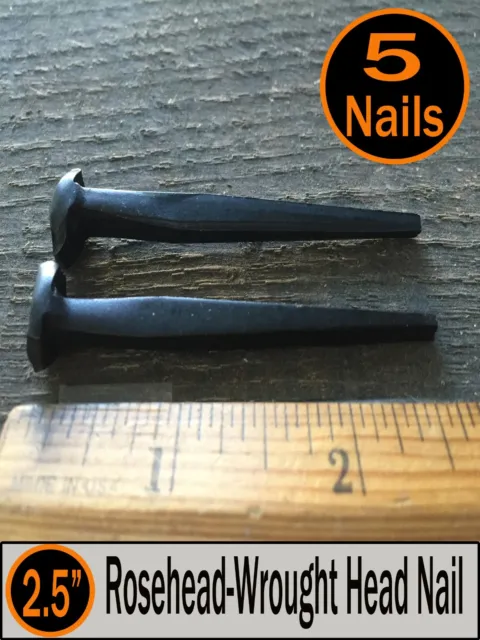(5) 2.5" - Rosehead Iron Wrought Nails  - Square head vintage look - 8d