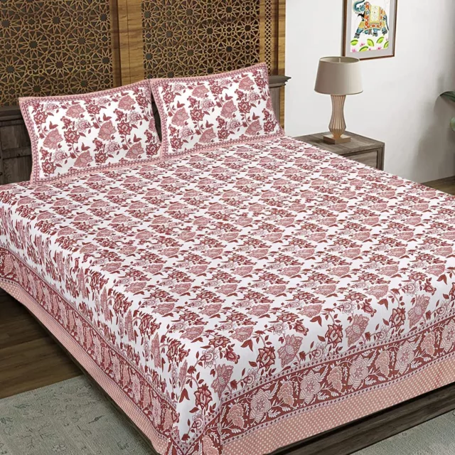 Hand Block Print, Indian 100 % Cotton King Size Bed Sheet With Pillow Covers MF