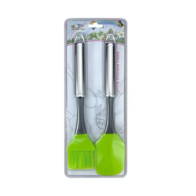 26cm Green Silicone Spatula and Pastry Brush Set - Stainless Steel Handle