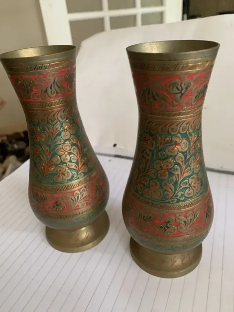 Vintage Indian Brass Vases (1pr)Hand Etched And Decorated  Fluted Shape-Lovely