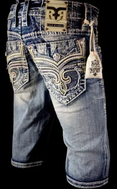 $220 Mens Rock Revival Jeans "Jack Shorts" Multi-Color Stitch Leather Inserts 38