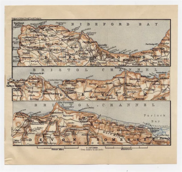 1906 Antique Map Of Northern Shore Of Devon / England