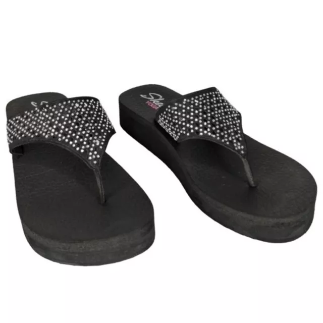 Skechers Black Size 9 Yoga Foam Rhinestone Wedge Flip Flops Sandals