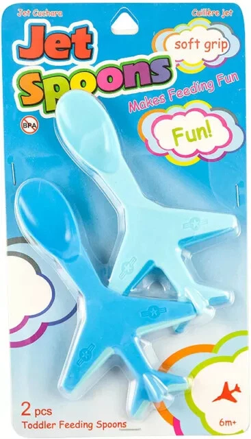Baby Airplane Spoons Blue Set of 2 Jet Toddler Soft Grip Feeding Spoons -NEW!!!