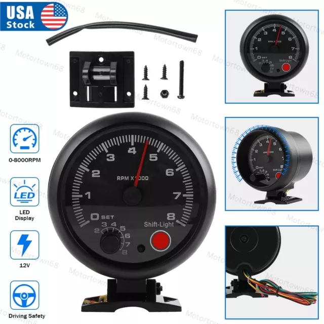 3.75" Universal Car Tachometer Gauge Meter with LED Shift Light 0-8000 RPM 12V