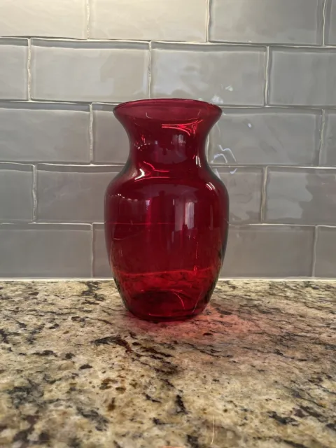 Medium Red Decorative￼ Glass Vase 4  1/8 Wide - 7  7/8 Inch Tall Arts And Crafts