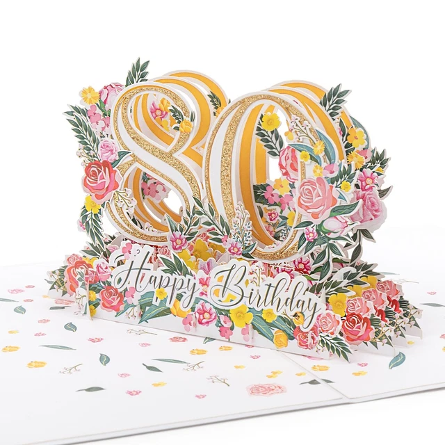 3D Pop-Up Geburtstagskarte Zum 80. – Mit Blumen, 'Happy Birthday', Inkl. Umschlag, 18x13 Cm