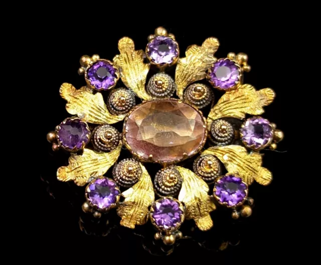 Antique Georgian Amethyst and Cannetille work brooch, 18k gold, Acanthus