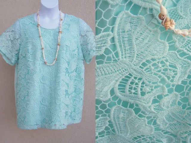 Catherines butterfly lace top blouse plus size 0x mint green EASTER SPRING shirt