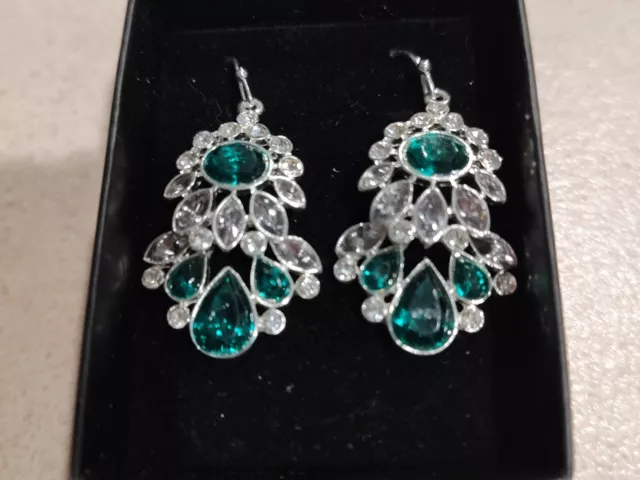 Silvertone Plated Ornate Dangle Earrings Green Clear Smoky Gray Faux Emerald New