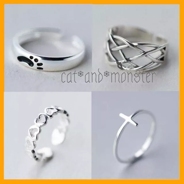 925 Solid Sterling Silver Adjustable Toe heart flower rope cuff Cross Band Ring 2