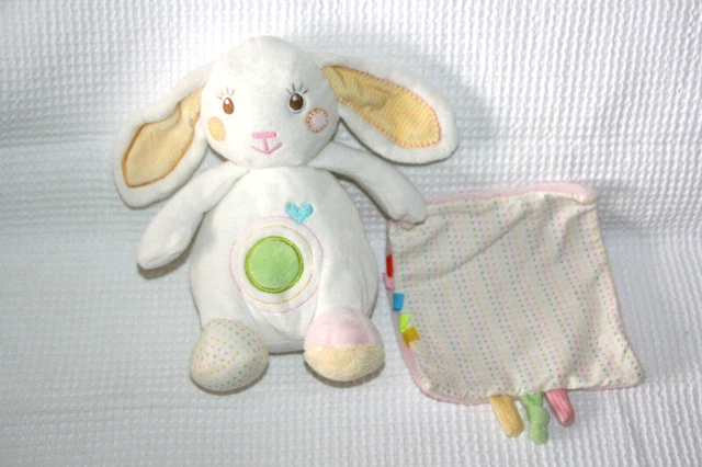Auchan Doudou Lapin Blanc Mouchoir Rose Rond Vert Coeur Bleu Etat Neuf