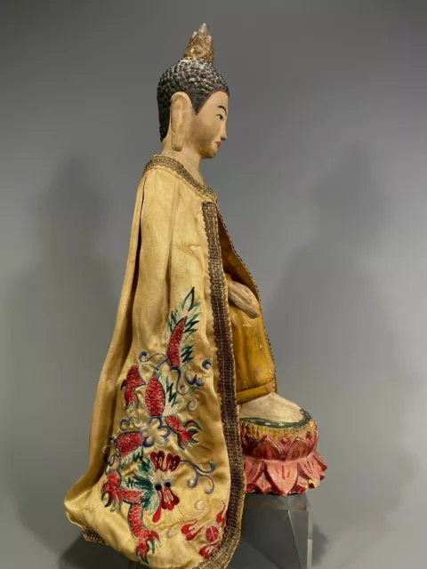 North Burma Burmese Shan Polychrome Gesso Buddha Figure w/ Silk cape ca. 20th c. 3