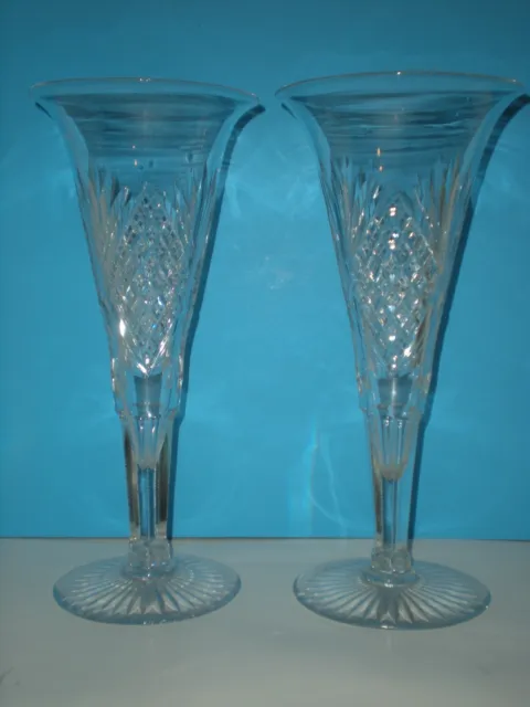 2 American Brilliant Cut Glass 12" Tall Classic Early Trumpet Vase Abp Rare Pair