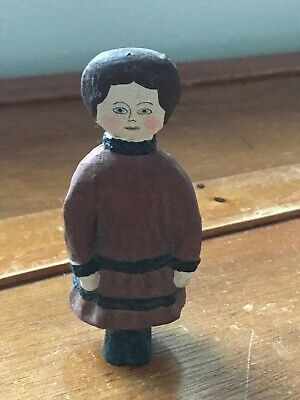 Vintage Small Hand Painted Paper Mache Woman in Burgundy Red & Black Dress Figur
