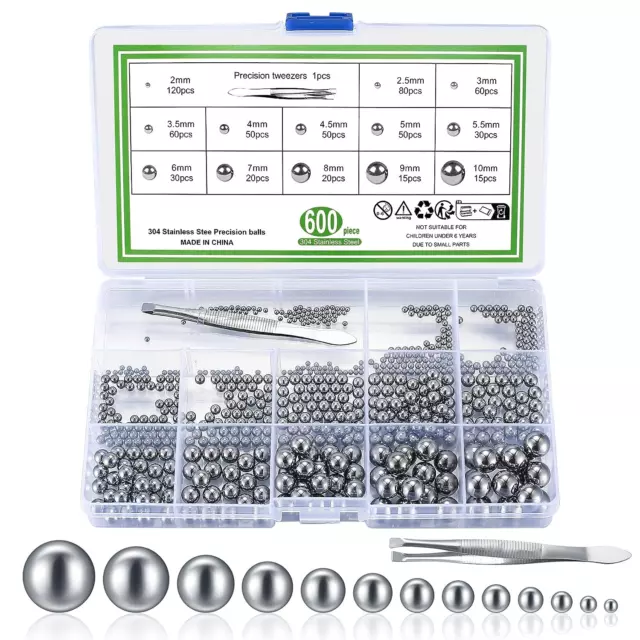 600 Pcs Metric Precision Steel Bearing Balls, Assorted Stainless Steel Loose Bic