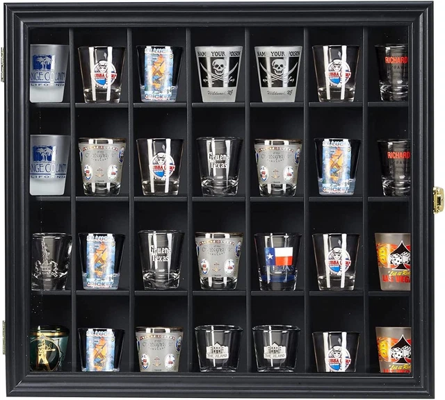 Shot Glass Display Case Wooden Cabinet Rack Holder Wall Mounted Black Shadow Box