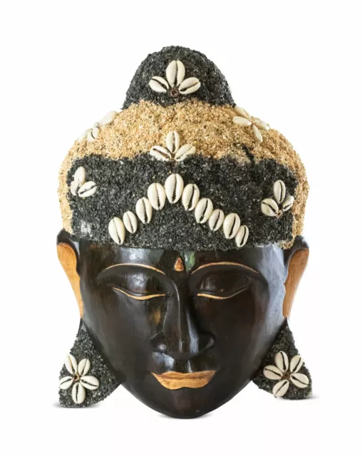 Wooden Hand Carved Wall Mask Buddha Head Statue Seashell Sculpture Hanging Decor