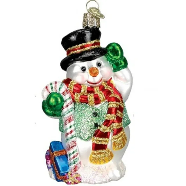 Old World Christmas Candy Cane Snowman Ornament With S-Hook and Gift Box
