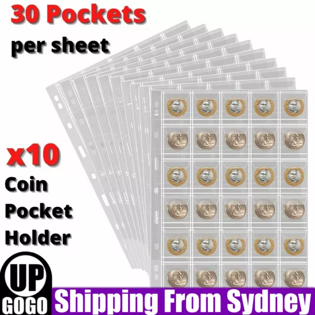 10x 30 Pockets Coin Holder Sheet Clear Storage Page Collection Album Folder Book