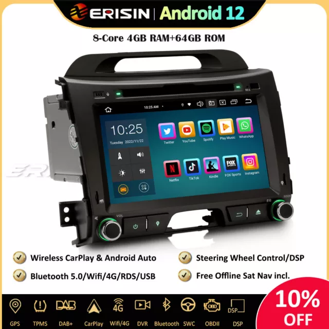 64GO Android 12 Autoradio GPS DAB+CD DSP CarPlay DVD BT5.0 For Kia Sportage 3 SL 2