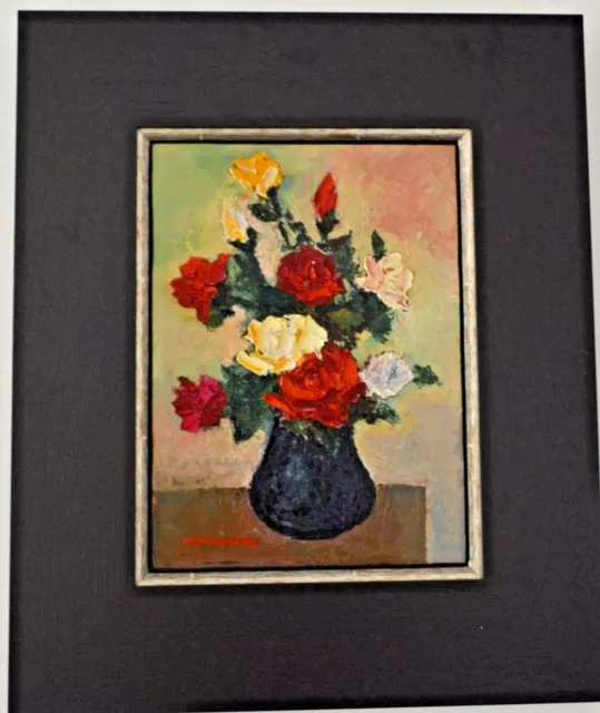 RED ROSES IN Black Vase Flowers Oil Framed Still Life Painting Signed ...