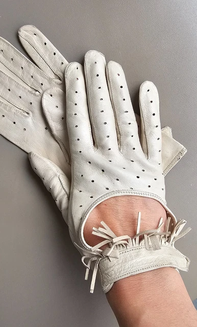 Gants vintage Elisa - Cuir écru et triangles ajourés aux poignets. Taille 7 1/4