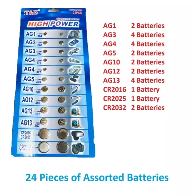 24 Assorted Button Cell Watch Battery Batteries Ag 1/3/4/10 Cr 2016/25, 2032