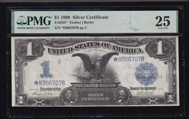 US 1899 $1 Black Eagle Silver Certificate Star Note FR 233* PMG 25 Ch VF (-707)