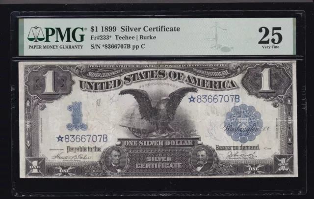 US 1899 $1 Black Eagle Silver Certificate Star Note FR 233* PMG 25 Ch VF (-707)