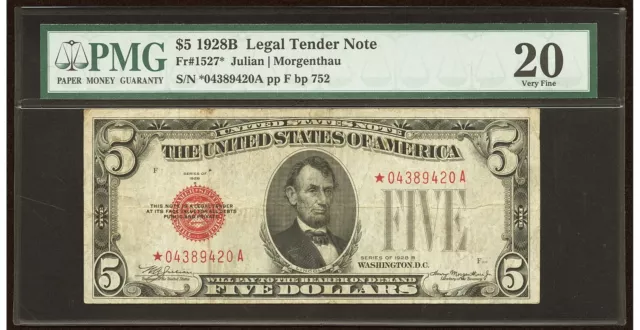 1928-B $5 Legal STAR Fr. 1527* PMG VF20 SCARCE STAR NOTE !