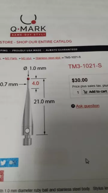 Q-Mark Tm3-1021-S Sonde Styli M3 1,0 Mm 21,0 Longueur Ref Renishaw A-5000-3551