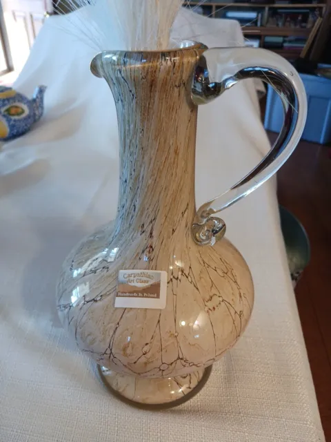 Poland Nice Bubble Art Glass Pitcher Vase Marbled Cream W Clear Applied handle