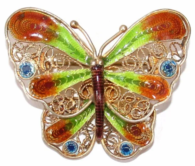 Antique Art Deco Silver Gold Pl Filigree Enamel Multicolor Butterfly Brooch Pin