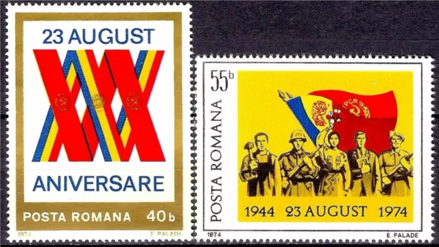 Romania 1974 Liberazione Fascismo 30 Anni Militare Soldati Armi Bandiere 2V Mnh