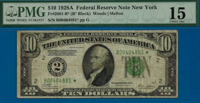 1928A $10 Federal Reserve Note PMG 15 rare 11 known New York star Fr 2001-B*