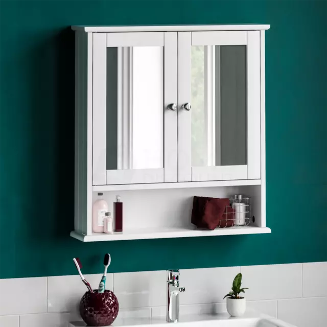 Bathroom Wall Cabinet Double Mirror Door Wooden White Shelf New By Home Discount
