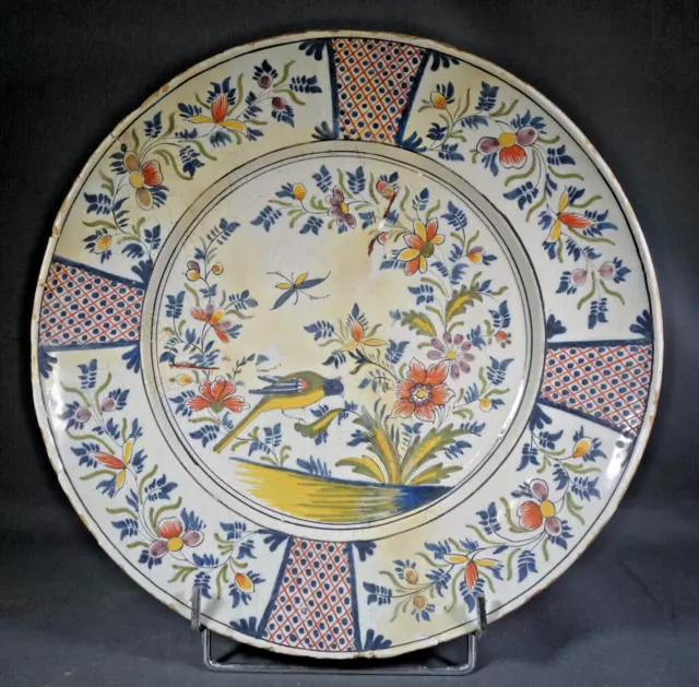 Nord Plat Rond Faïence 18ème Oiseau Sur Tertre Fleuri