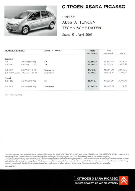 2003 Citroën Xsara Picasso Preislist 1.4.03 D price list price list cennik