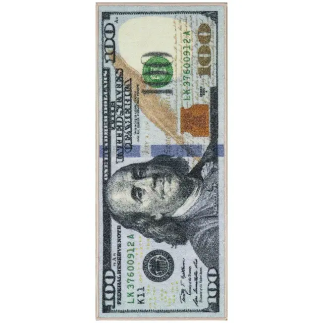 Ottomanson 100 Dollar Bill Non-Slip Rubberback 22x53 Money Rug, 22″ x 53″, Blue/