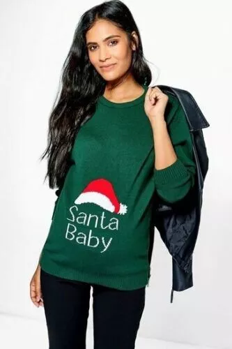 Maternity 'Santa Baby' Christmas Jumper Green Boohoo BNWT Size 14